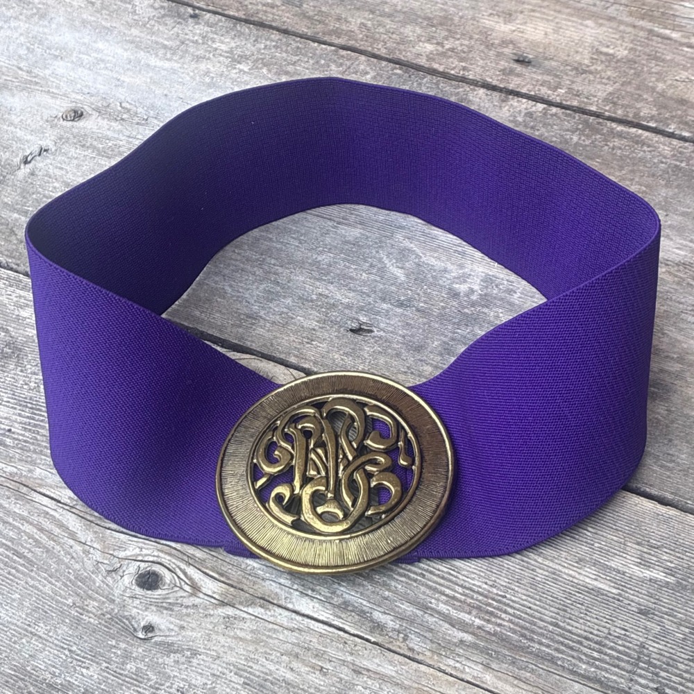 Vintage 80s Purple Elastic Stretch Cinch Belt Ornate Brass Medallion Buckle S M
